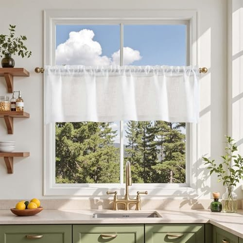 Vangao Voile Scheibengardinen Küche Weiß Bistrogardine 1er Set 130x40cm (BxH) mit Stangendurchzug Wohnzimmer Modern kurzstores Gardine Kurz Schlafzimmer Leinenoptik Halbtransparente Wohnwagen