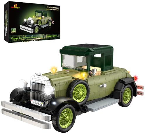 JMBricklayer Retro Auto Modellbau für Erwachsene mit Licht, 50001 Vintage Modellauto Bausätze, Oldtimer Car Sammler Ausstellungsset Dekorationen, Bausteine Geschenke für Fans Klassischer Fahrzeuge