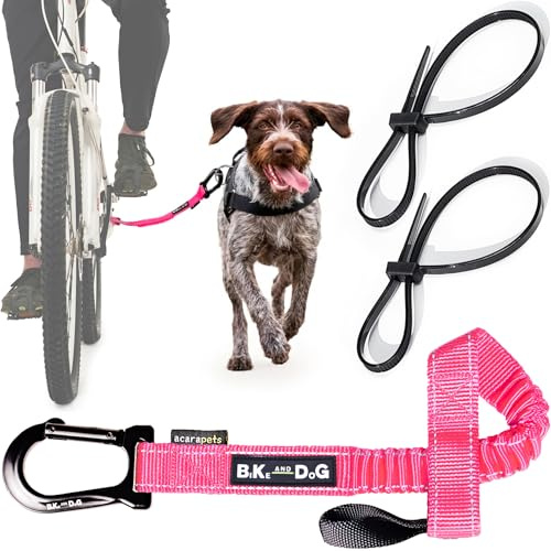 BIKE AND DOG - Fahrrad-Hundeleine, werkzeuglose Befestigung, spezielles Geschirr als Option, inklusive 2 Fahrradbändern. Patentiert. (Rosa)