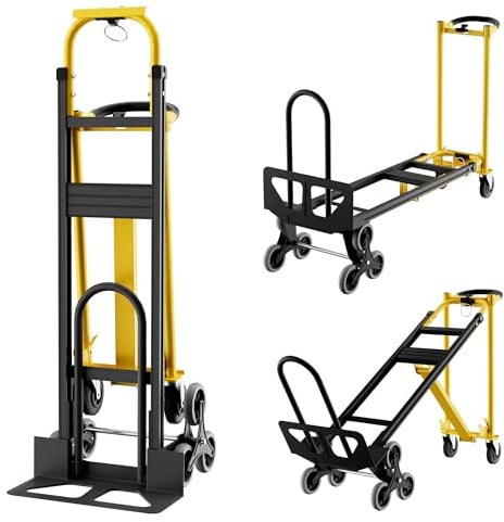 3-in-1 Treppensackkarre Sackkarre Klappbar Mit Treppensteiger-Rädern & Elastischem Spanngurt, Tragkraft 350 kg, Faltbarer Transportkarre Aus Aluminium Für Zuhause Lager Supermarkt Büro, Gelb