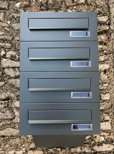 ALSTEN TECH 4-er Mauerdurchwurf Briefkasten Anthrazitgrau Matt RAL7016 | Für Mehrfamilienhaus oder Büro Briefkastenanlage, zum Einmauern 4 Familienhaus Namensschild Einbaubriefkasten