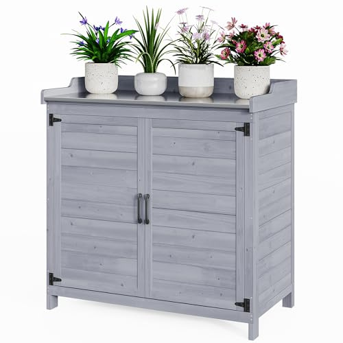 Bealife Pflanztisch mit Unterschrank, Gartenschrank mit Arbeitsplatte mit 1 Bewegbarer Einlegeboden für den Innen- und Außenbereich (Grau, 48T x 98B x 95H)