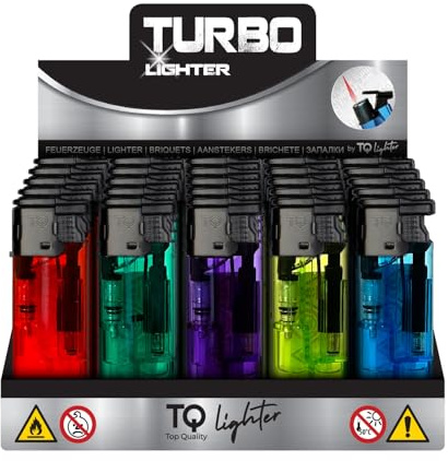 h2i Feuerzeug mit Turbo-Jet-Flamme | 25 Stück | transparentes Mehrwegfeuerzeug in 5 Farben | robust & windresistent | für Alltag & Outdoor | Sturmfeuerzeug mit Kindersicherung & Nachfüllbar