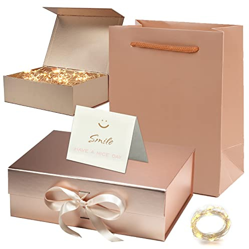 Geschenkbox Set Mit Deckel und Schleifen - Faltbare Dekorative Box, LED-Lichterkette, Raffia Hamper Shreds - Verpackungsbox für Hochzeit, Geburtstag