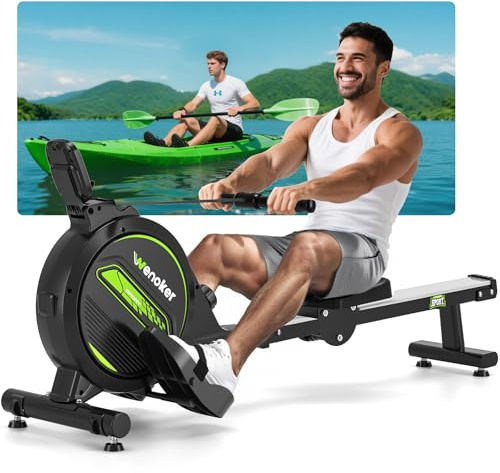 WENOKER Magnetisches Rudergerät für Zuhause: <30dB Leises Fitnessgerät für Wohnungen, hochkant gelagert & Platzsparend mit 160kg Tragkraft, App-Anbindung (Kinomap) & 16 Widerstandsstufen