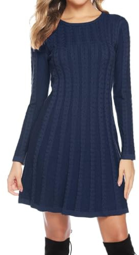 Gyabnw Damen Strickkleid Elegante A-Linie Kleid Pulloverkleid Zopfmuster Rundhalsausschnitt Minikleid Strickpullover für Party Cocktail Freizeit, Navy Blau, M