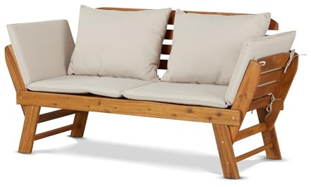 KHG Gartenbank Akazie geölt, Daybed, Sonnenliege, Lounge-Set Gestell Braun klappbar, abnehmbare Auflagen aus Polyester Hellgrau, wetterfest, 260 kg belastbar