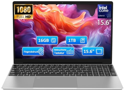 Molegar 2026 FHD Laptop Student/Geschäft,15.6 Zoll Laptop Computer mit 16GB DDR4 1TB SSD,Quad-Core N95(Bis zu 3.4GHz,Beat N5095),8000mAh Großer,2.4/5G WiFi,Webcam,USB 3.0,Beleuchtete Tastatur