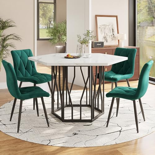LAKFEW Esstisch mit 4 Stühlen, Esszimmerstühle 4er Set mit 115.5 x 100 cm Marmor-Esstisch und 4 Esszimmerstühle, Essgruppe Tisch und Stühle Set, Küchenmöbel, Grün