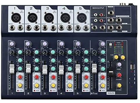Weymic Professioneller Mixer | 7-Kanal-2-Bus-Mixer/mit USB-Audio-Schnittstelle, Stereo-Equalizer für die Aufnahme von DJ-Bühnen-Karaoke-Musikanwendungen(F7)