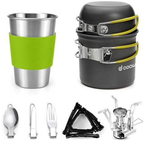 Odoland Camping Geschirr Set 10-teiliges Outdoor Kochgeschirr Aluminium Camping Töpfe Becher Faltbare Besteck Mini Campingkocher für Outdoor Picknick Wandern