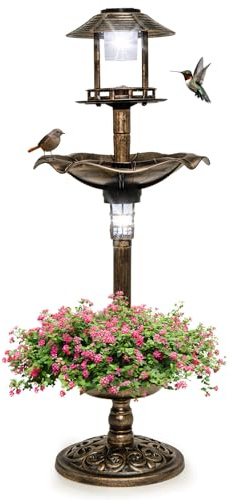 GYMAX Vogeltränke stehend, Vogelbad Garten mit Solar Leuchten, Antikbronze | Vogelbecken mit Blumenkübel, 3 Pfählen & befüllbarem Ständer, Futterstation für Balkon & Garten