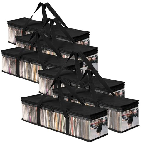 Yuedefly 6 Stück DVD-Aufbewahrungstaschen, Medien-Organizer für DVDs, CDs, Blu-ray Discs, Filmhüllen, VHS-Boxen, Videospiel-CDs, klare Plastikhüllen mit Tragegriffen und Reißverschluss - Schwarz