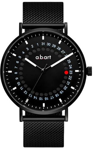 a.b.art Herren-Quarzuhr mit roter Punkt-Sprungdatumsanzeige – Schweizer Ronda-Quarzwerk, minimalistisches Bauhaus-Stil, Saphirglas, schwarzes Milanaise-Armband, 41 mm Edelstahlgeh