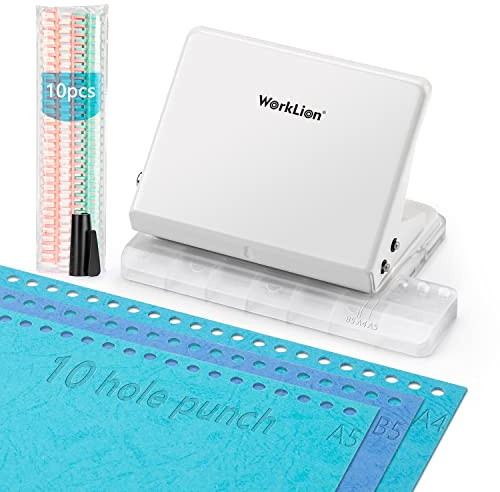 Bindemaschine für Planer: WORKLION Metallstanzer mit 10 Löchern und mehrfarbigen 30-Loch-Binderingen (10 Stück) für die Herstellung von 26 Löchern auf B5-Papier, 30 Löcher auf A4, 20 Löcher auf A5