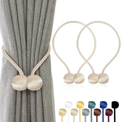 TopHomer 2 Stück Magnetische Vorhang Raffhalter, 10 Farben | Für Wohn-/Schlafzimmer, Bad & Esszimmer, passt zu Vorhängen/Gardinen/Duschvorhänge (Beige)