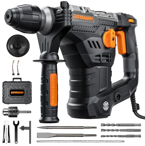 DOVAMAN RH15A Bohrhammer 1500W SDS-Plus, 7 Joule, 4 Funktionen, 900 U/min, 4350 bpm, Anti-Vibration, Sicherheitskupplung, inkl. Bohrer- & Meißelset, für Beton & Mauerwerk, mit Koffer