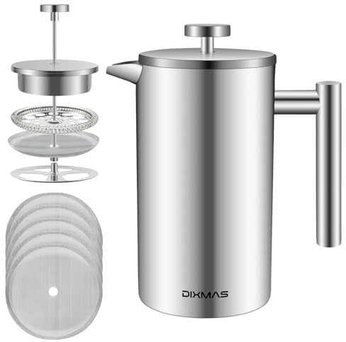 Dixmas French Press Kaffeebereiter Edelstahl 350 ml | doppelwandig isoliert, mit 5 Ersatzfilter, Spülmaschinenfest