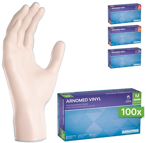 ARNOMED Einweghandschuhe M, Vinyl Handschuhe, Einmalhandschuhe mit 100 Stück/Box, Handschuhe Einweg puderfrei, Gummihandschuhe Einweg latexfrei, Einweg Handschuhe, Einmalhandschuhe in S, M, L, XL