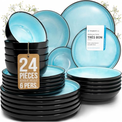 Steingut Geschirrset 6 Personen Ibiza 24 tlg. TESTSIEGER, Traumhaftes Mediterranes Steingut Geschirr Set, Schüssel- und Teller Set, Tafelservice 6 Personen, Geschirrsets Pure Living in Türkis