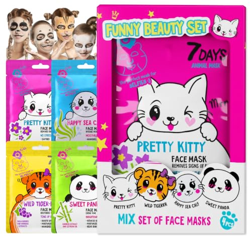 7Days Tuchmasken Gesicht Set Animal, 4 Stück | Feuchtigkeitsspendend, Anti-Falten-Wirkung, Natürlichen Extrakten und Vitaminen, Beauty Gesichtsmaske, Korean Skincare