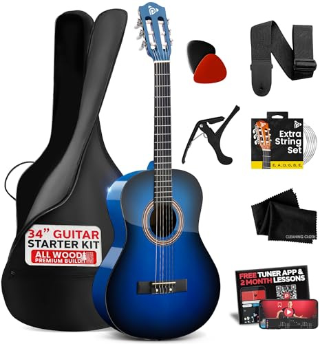 Pyle Akustikgitarre für Anfänger, Junior-Größe, 86 cm, komplett aus Holz, Nylonsaite mit Kapodaster, extra Saiten-Set und Gigbag für Kinder, Erwachsene, Jugendliche, klassisches Set, Blau Burst Gloss