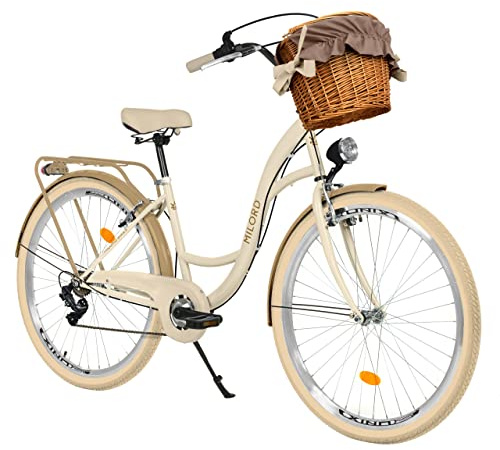 MILORD Damenfahrrad Citybike Komfort Mit Weidenkorb Hollandrad Vintage Fahrrad, 26, 28 Zoll, 7-Gang