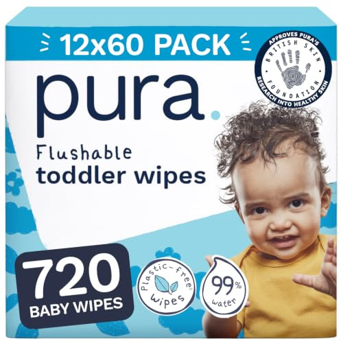 Pura Spülbare Öko-Baby-Feuchttücher für empfindliche Babyhaut, 720 Tücher (12 x 60 Tücher), Monatsbox, 99% Wasser, 100% Plastikfrei, für Sensible, zu Ekzemen Neigende Haut, Biologisch Abbaubar