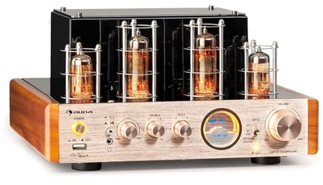 Auna Amp VT Röhrenverstärker HiFi-Verstärker 2x35W RMS, Stereo Verstärker BT Opt./Koax./AUX-In, Amplifier, Champagner