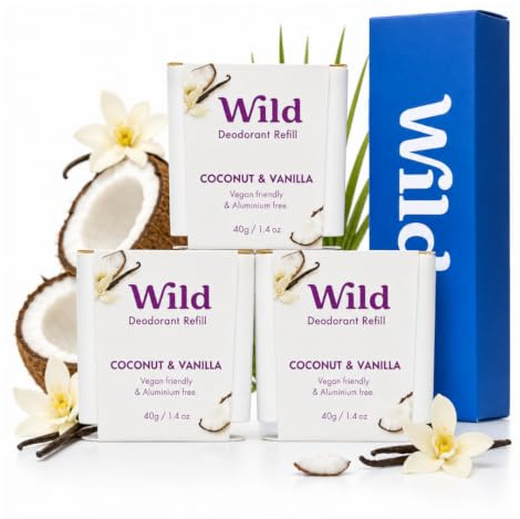 Wild Natürliches Deo Coconut & Vanilla Nachfüllpackung 3er-Pack | Passend für das Wild Nachfüll-Etui | 24 Std. Schutz | Ohne Aluminiumsalze | Vegan | 3 x 40g Nachfüller