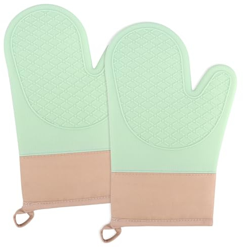 Ofenhandschuhe,2PCS Topflappen Silikon, Backofen Handschuhe eine Anti- Rutsch Oberfläche,die Innenseite ist aus Baumwolle, Handschuhe der Küche,Grün Oven Mitts