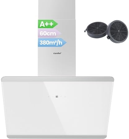 COMFEE' CH60J64ET4A2W A++ Dunstabzugshaube 60 cm, Kopffreihaube 60cm Umluft und Abluft, 380m³/h Luftstrom, Edelstahl/Glas Design mit Touchscreen, LED, Abzugshaube inkl. Kohlefilter, Weiß