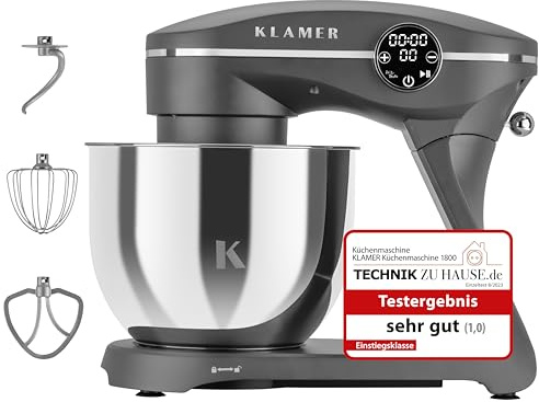 KLAMER Küchenmaschine 1800W, Knetmaschine Brotteig mit Edelstahl-Rührschüssel 6 L, 10 Stufen mit Timer, Planetenrührwerk, Rührbesen, Knethaken, Schneebesen & Sichtdeckel (grau)