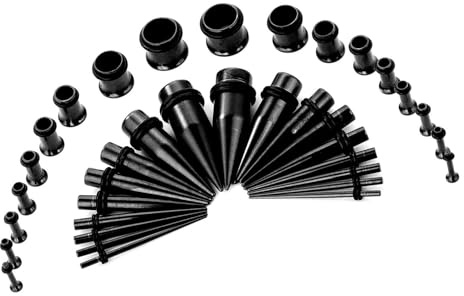 Crdifu 36 Stück Ohr Dehnstäbe Set (Ohrdehner & Ohrtunnel), Chirurgenstahl Dehnungstab & Tunnel, 1.6-10mm Dehnset, Schwarz Ohr Expander Piercing, Ear Streching Kit