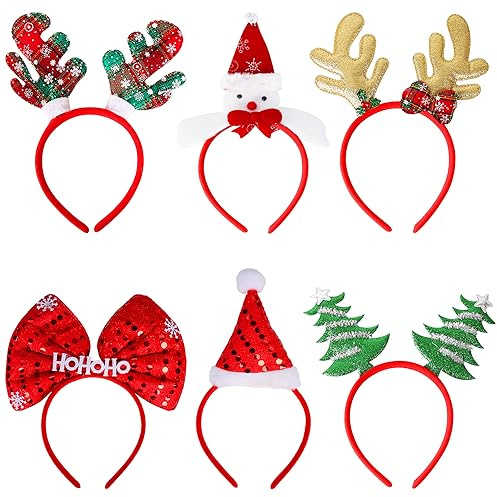 AWCIGG 6 Stück Haarreifen Weihnachten Stirnbänder Haarschmuck | Weihnachtsmütze Schneemann Weihnachtsbaum Rentier Geweih Weihnachts Haarreif Kopfschmuck Weihnachtsfeier Kostüm Accessoires
