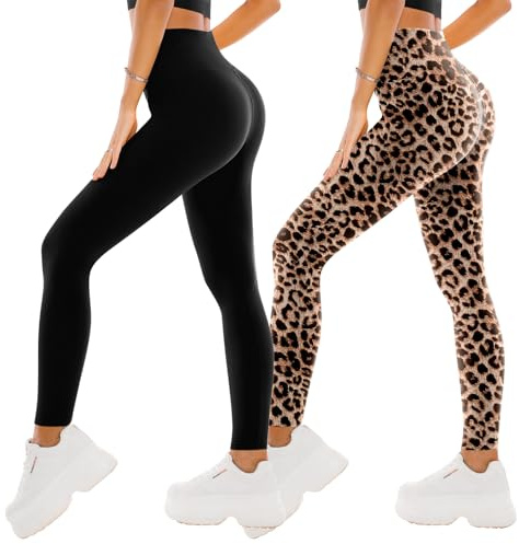 SINOPHANT 2er Pack Leggings Damen High Waist - Sportleggins Elastisch Yogahose Blickdicht Fitness Gym Yoga(2 Schwarz/Leopard,L-XL)