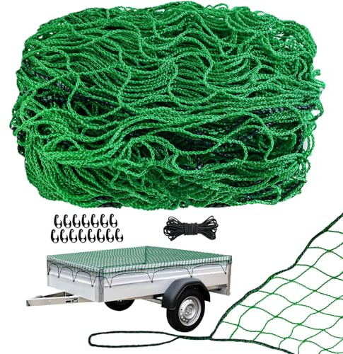 LINSOCLE Anhängernetz 2 x 3m, Ladungssicherungsnetz, Ranknetz, Grün Masche 4,5 x 4,5 cm, Langlebigkeit und Zuverlässigkeit, Mit Haken und Gummiseil, zur Optimalen Ladungssicherung