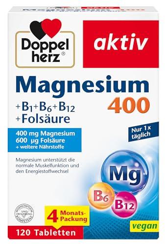 Doppelherz Magnesium 400 + B1 + B6 + B12 + Folsäure - Magnesium unterstützt die normale Muskelfunktion und den Energiestoffwechsel - 120 vegane Tabletten