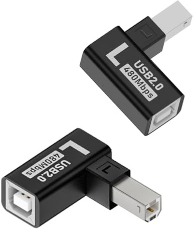 QIANRENON 90° Winkel USB B Stecker auf B Buchse Adapter Extender USB2.0 Typ B rechtwinklig Drucker Anschluss MIDI Stecker, Al Gehäuse, für Drucker, Scanner, elektrische Klaviere, 2Pcs (Left Bend)
