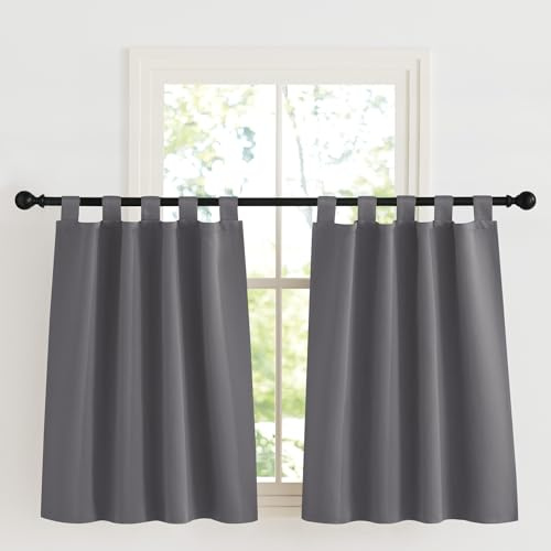 KGORGE Blickdichte Scheibengardinen Küche Modern Schlaufenvorhang Kurz | Grau, H125 x B90 cm, Schlaufenschal 2er Set, Thermovorhang Hitzeschutz, Verdunkelung, Sonnenschutz, für Schafzimmer