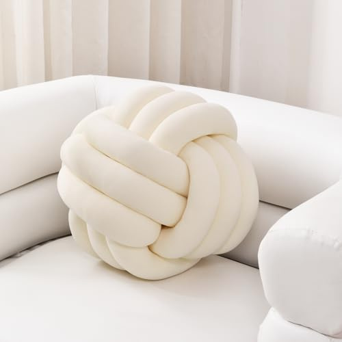 Sioloc Weicher Knotenball Kissen, Knotenkissen Wohndekoration Plüschkissen, Handgefertigtes Rundes Plüschknotenkissen für Stuhl Sofa Bett (20cm, Elfenbein)