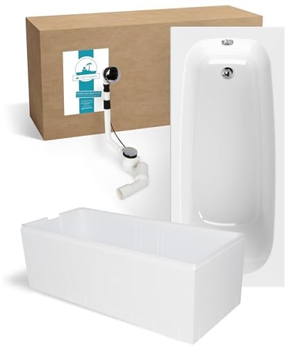 Calmwaters® Premium Badewanne Komplettset 170x75 cm, Made in EU, 3in1 Acryl-Badewanne mit Wannenträger & Ablaufgarnitur, Körperformbadewanne, Rechteckbadewanne, 200 l, Weiß
