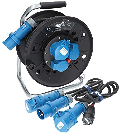 KALLE DAS KABEL CEE-Kabeltrommel H07RN-F 3G 2,5mm² 25 Meter | Anschlussleitung 1,5m Adapterleitung Winkelkupplung KTG Camping Wohnmobil Caravan Caravantrommel Outdoor Gummikabel robust