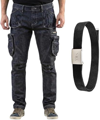 NEO TOOLS Denim Arbeitshose Herren mit Gürtel, Strapazierfähige | Universelle Arbeitshose Multi Taschen, Jeans Arbeitshose Herren Stretch