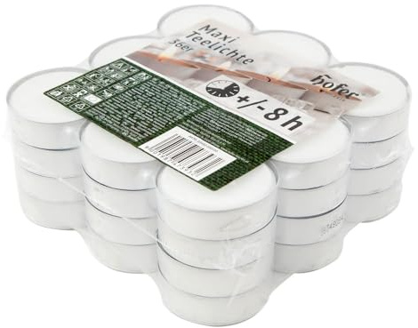 Hofer - Kerzen Teelichte Maxi tealight, in Metallhülsen, bis zu 8h Brenndauer, Durchmesser 57 mm, weiß - Pack a 36 Stück, Farbe Weiß,Tropffrei Wachskerzens, kein Duft, Hergestellt in Österreich