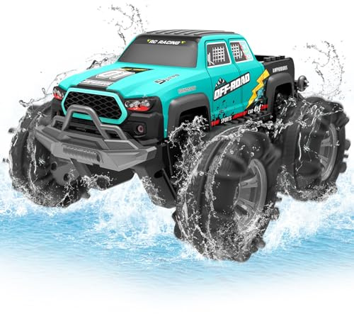 4WD Amphibisches Ferngesteuertes Auto,RC Auto wasserdicht mit Gestensensor,LED Licht & 2 Akkus,Geschenk für Jungen & Mädchen 4-12 Jahre,Spielzeugauto für Sand,Wasser & Gelände,Baustein-kompatibel