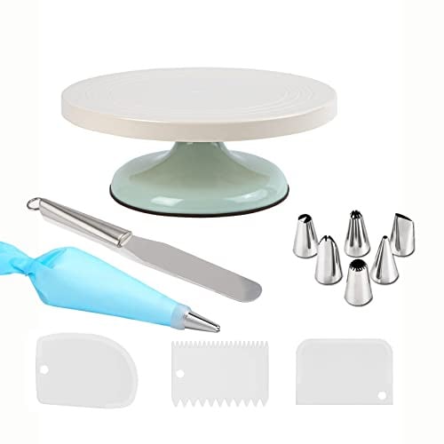 Tortenplatte Drehbar, 10" Tortenplatte, Yizisch Torten Zubehör Drehplatte mit 3-Creme-Schaber, Düsen Tipps Set, Edelstahl Eisspatel zum Backen, Gebäck Eismuster (Hellgrün)