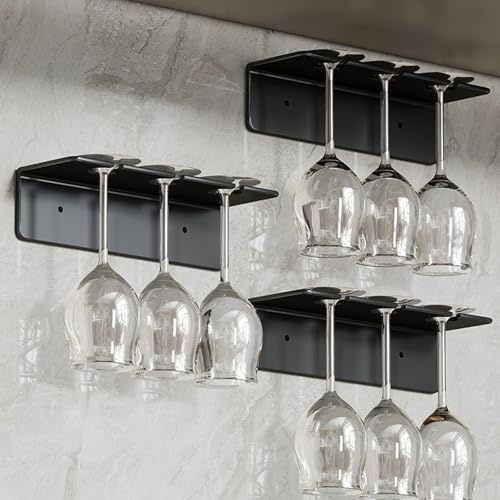 3 Stück Weinglashalter Gläserhalter zum Aufhängen Metall Gläserhalterung mit 3 Löcher Weingläser Halterung Hängend Ohne Bohren Weinglasregal Wand Stemware Rack for Küche Bar Restaurant (Rauchgrau)