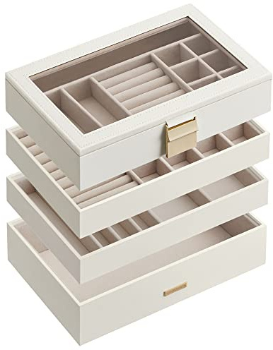 SONGMICS GISELLA Kollektion - Schmucktablett stapelbar, Schmuckkästchen 4 Ebenen, Schmuckbox mit Glasdeckel, Schmuckeinsatz für Schminktisch, Geschenkidee, wolkenweiß, 17 x 28 x 18,3 cm JBC164W01V1