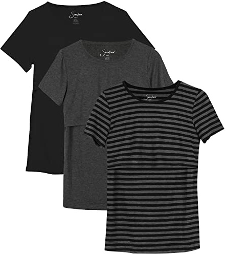 Sosolism 3er-Pack Stillshirts Damen Umstandsmode T-Shirt S-XXL | Bequemes Stilltops mit diskretem Hochziehzugang aus blickdichter, atmungsaktiver und dehnbarer 200gsm Baumwolle
